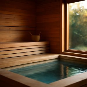 Интерьер сауны с интегрированным бассейном